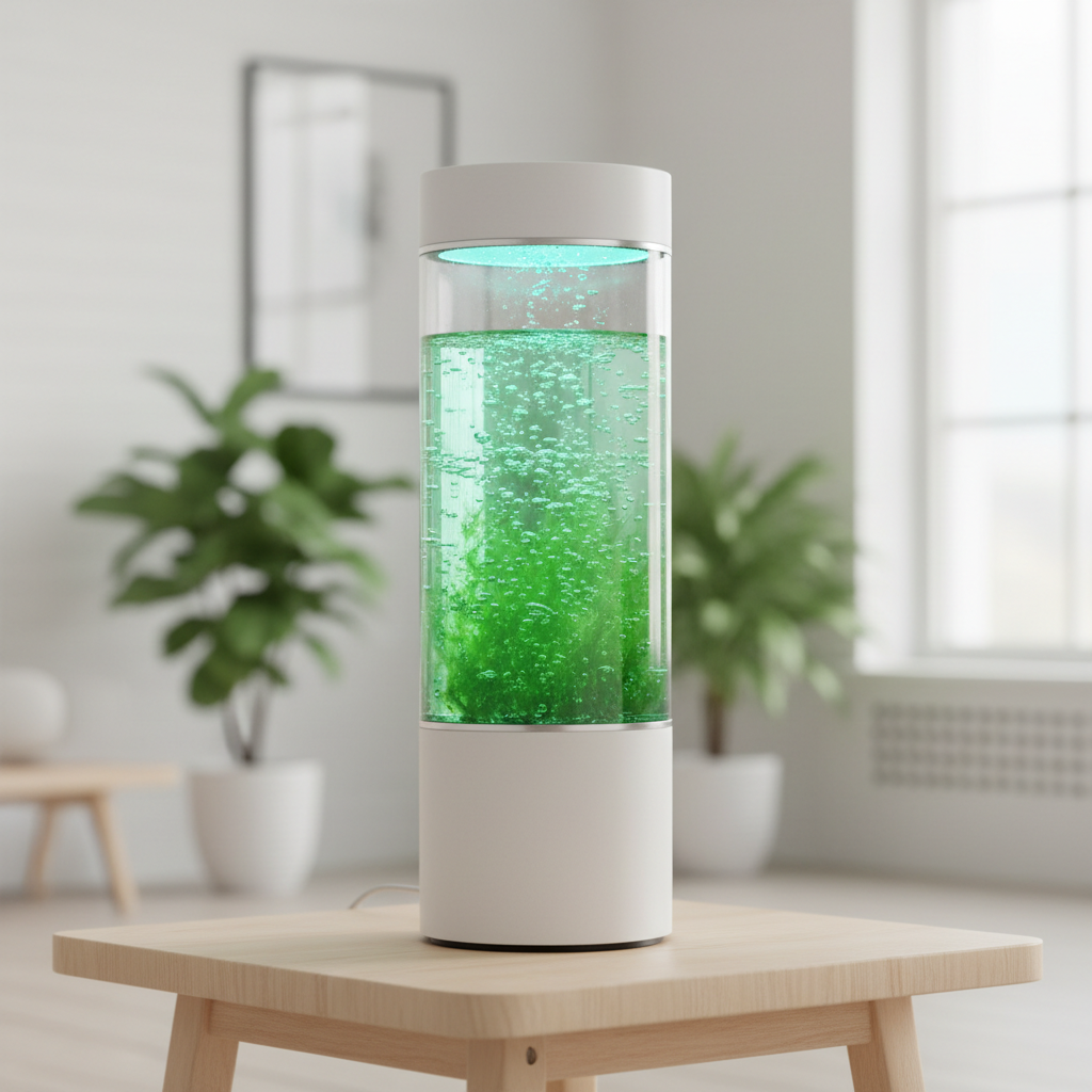 AirX living oxygen generator glowing with green microalgae liquid in a bright modern home