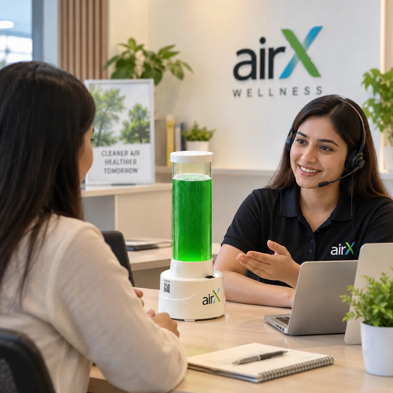AirX living oxygen generator glowing with green microalgae liquid in a bright modern home